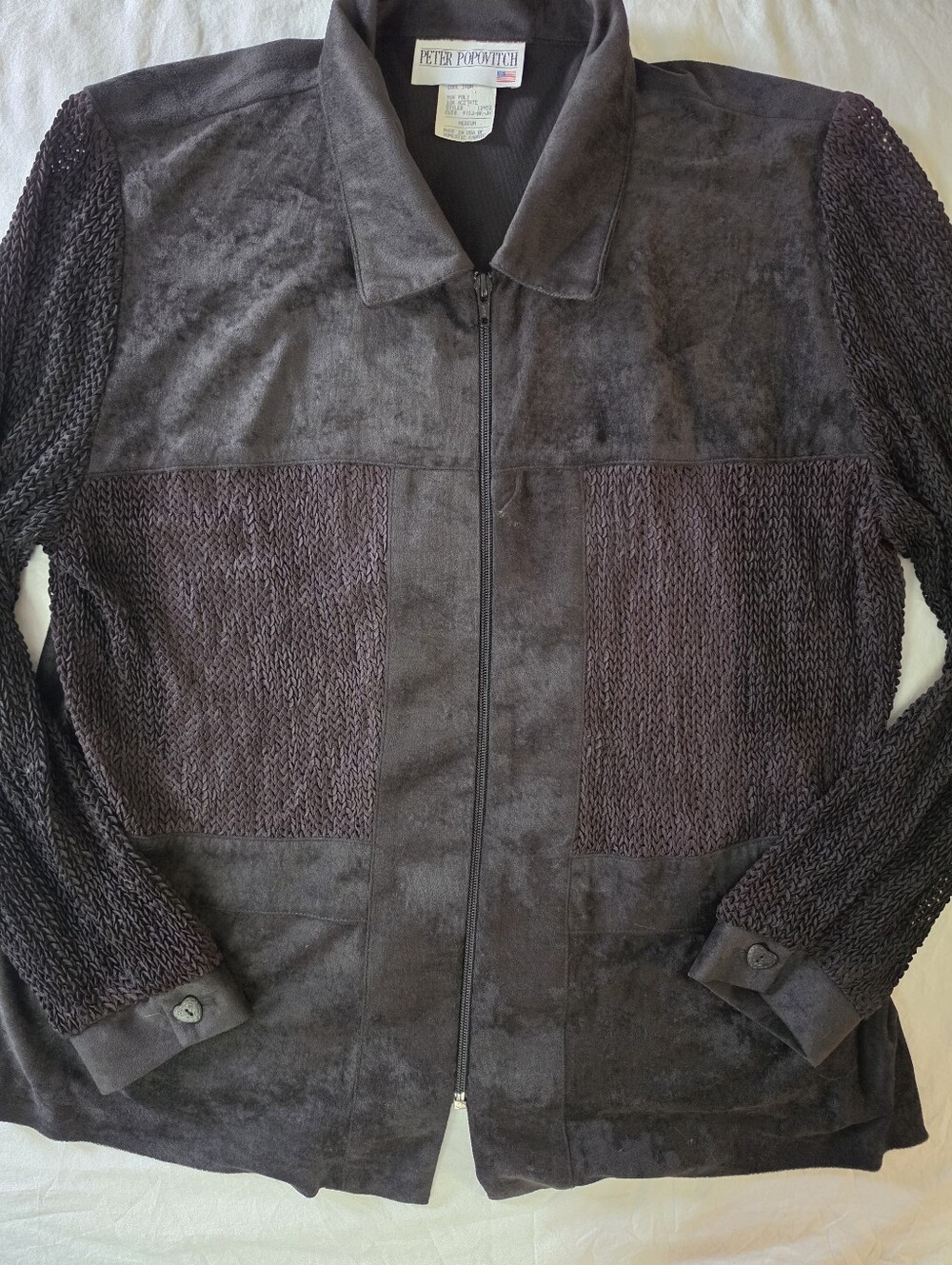 Vintage Peter Popovitch Faux Suede Ribbon Knit Heart Button Jacket M